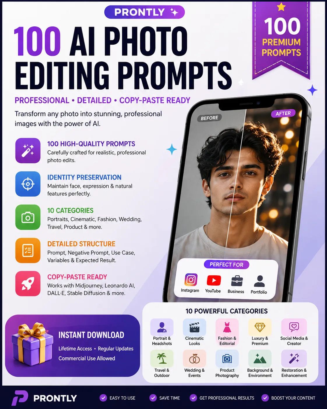 100 AI Photo Editing Prompts – Professional Photo Editing & Enhancement Prompt Pack