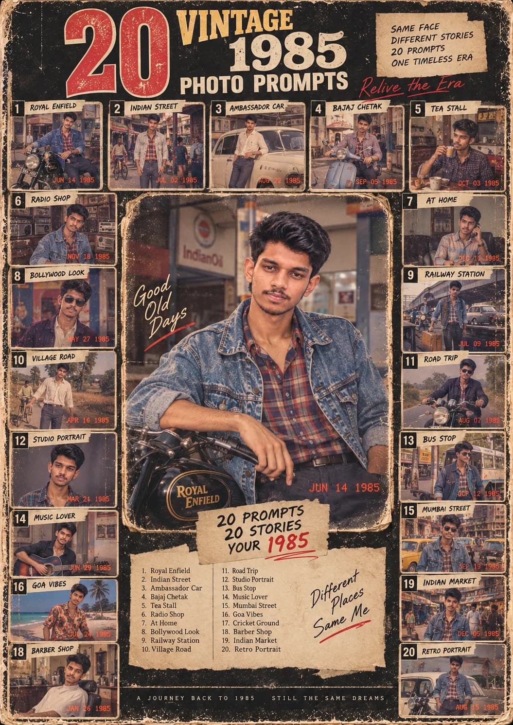 20 AI 1985 Photo Editing Prompts – Retro Indian Vintage Photo Prompt Pack