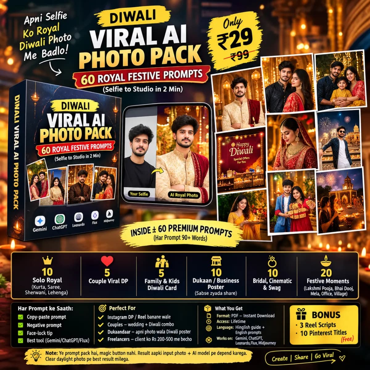 Diwali Viral AI Photo Pack – 60 Royal Festive Prompts (Selfie to Studio in 2 min)